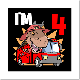 I'm 4 Firefighter T-Rex Children's Birthday Posters and Art